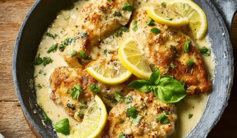 Lemon Marry Me Chicken in a skillet with creamy lemon Parmesan sauce