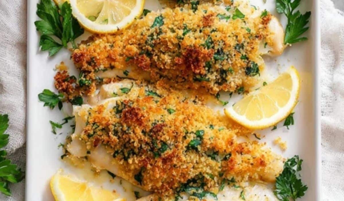 Crispy lemon baked fish with golden panko crust and lemon wedges
