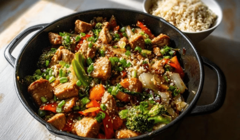 Pork stir fry in skillet with glossy sauce and crisp vegetables