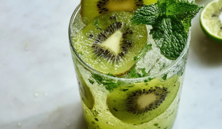 Kiwi Mojito Mocktail in a tall glass with mint, lime, and crushed ice