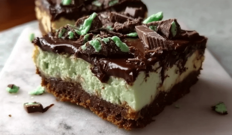 St. Patrick’s Chocolate & Mint Cheesecake Bars with ganache and mint candies
