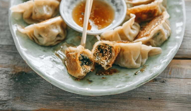 Vegetable Dumplings (Potstickers!) with crispy golden bottoms and dipping sauce