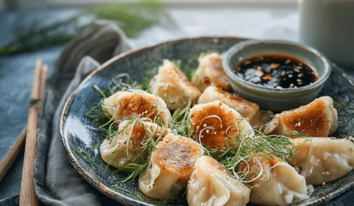 Pork and Dill Dumplings with crispy golden bottoms and dipping sauce