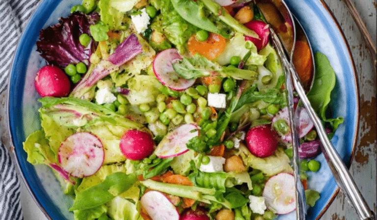 Spring Salad Recipe on a platter with asparagus, peas, radishes, and lemon dressing