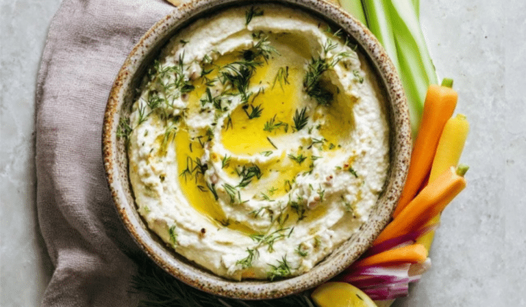 Lemon and Herb White Bean Dip with olive oil and fresh herbs in a bowl