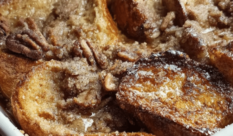 Baked French Toast Casserole with crunchy streusel and powdered sugar in a baking dish