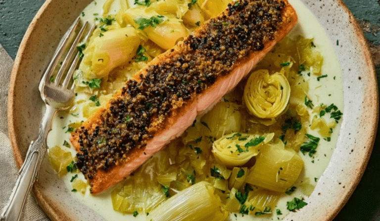 Salmon with melting leeks on a plate with lemon-butter sauce