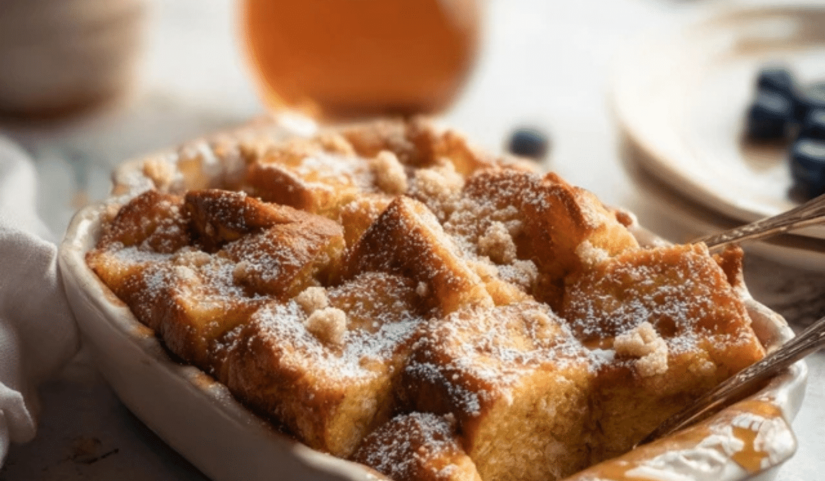 Baked French Toast with crunchy cinnamon streusel in a 9x13 dish