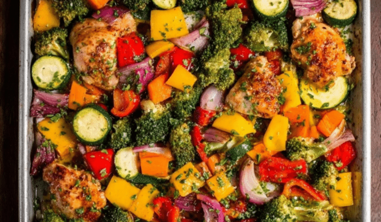 Sheet Pan Chicken with Rainbow Vegetables on a sizzling tray