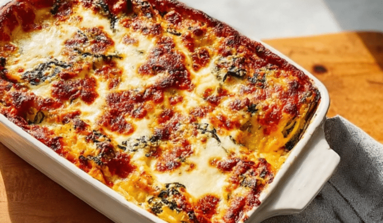 Cheesy Spinach-Zucchini Lasagna with golden melted mozzarella in a baking dish