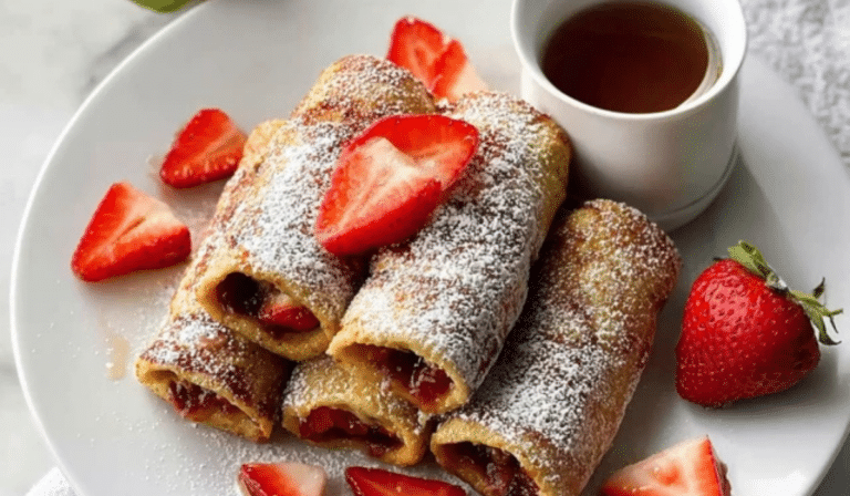 Strawberry Nutella French Toast Roll bites with powdered sugar and berries