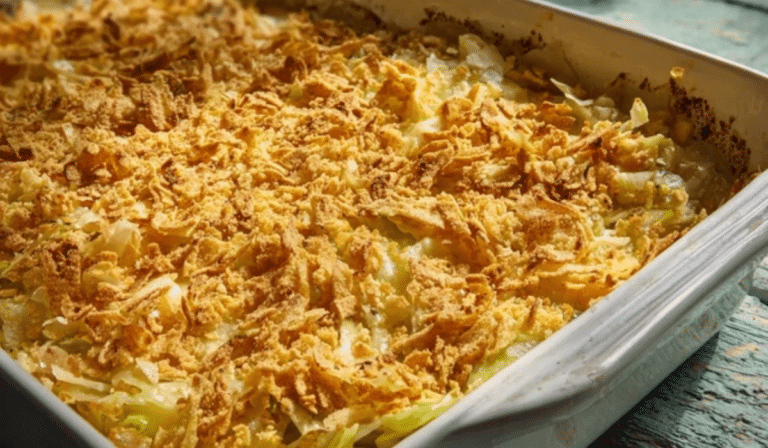 Easy Cabbage Casserole with golden cracker topping in a baking dish