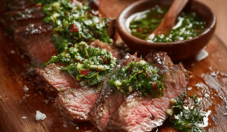 Skirt Steak with Chimichurri Sauce sliced and topped with fresh herb sauce