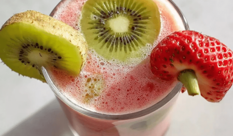 Kiwi Strawberry Smoothie in a glass with fresh kiwi and strawberries