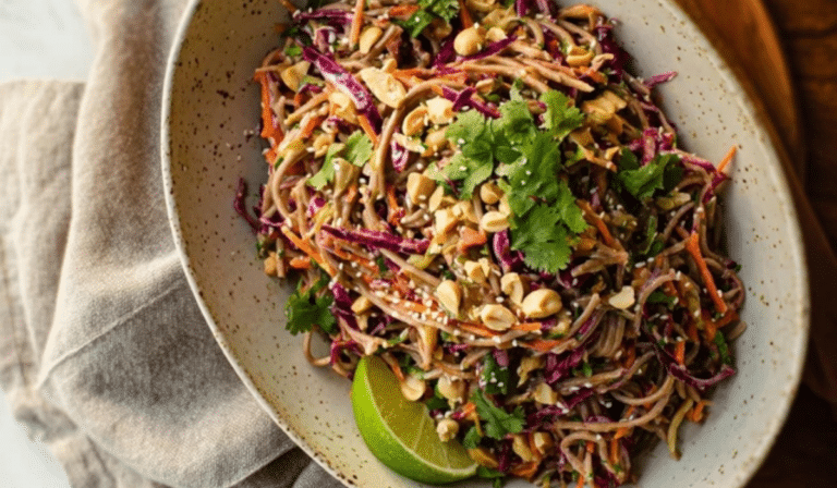 Peanut Slaw with Soba Noodles topped with peanuts and herbs