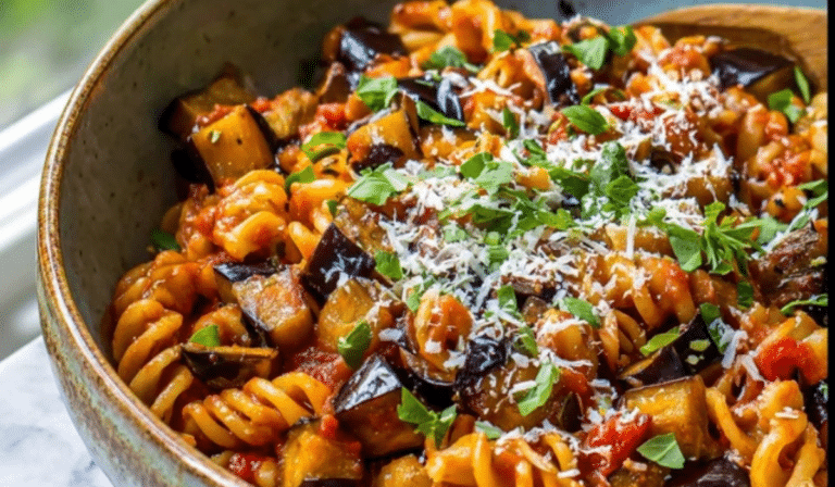 Eggplant Pasta with roasted eggplant and tomato basil sauce