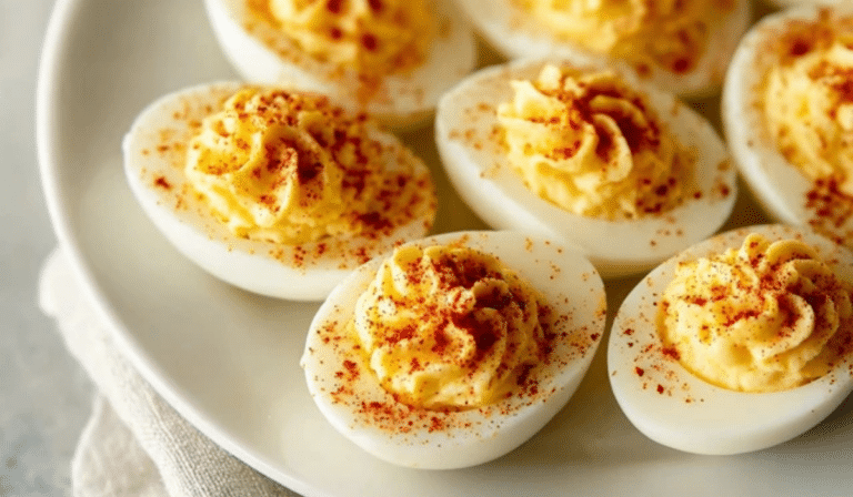 Deviled Eggs piped creamy and topped with paprika on a platter