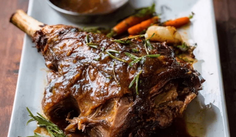 Slow Cooker Roast Lamb Leg with rosemary gravy on a platter
