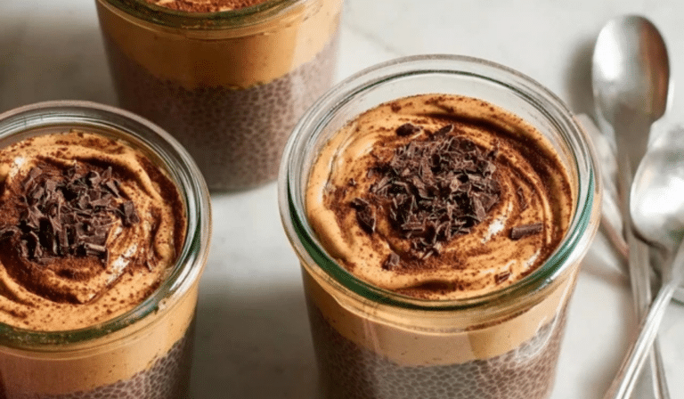 High-Protein Peanut Butter & Chocolate Chia Pudding in jars with peanut butter swirl