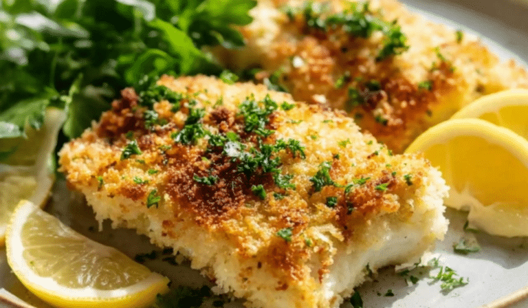 Parmesan crumbed fish with golden crust and lemon wedges on a plate