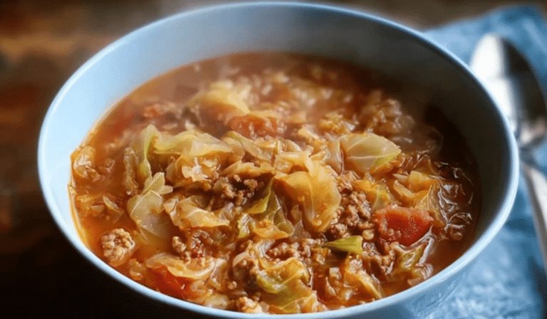 Instant Pot Cabbage Roll Soup in a bowl with cabbage, beef, and rice