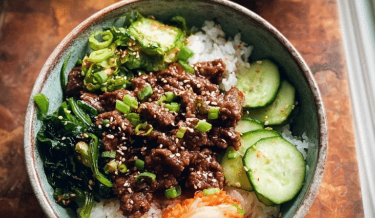 Beef Bulgogi Rice Bowls with caramelized beef, rice, and crunchy toppings