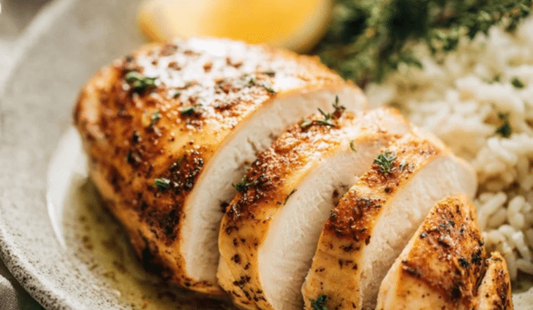 Juicy baked chicken breast sliced on a plate with lemon and herbs