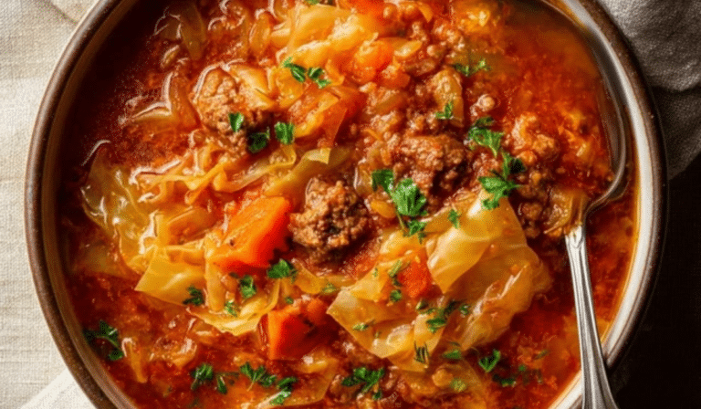 Cabbage roll soup in a bowl with beef, rice, cabbage, and tomato broth