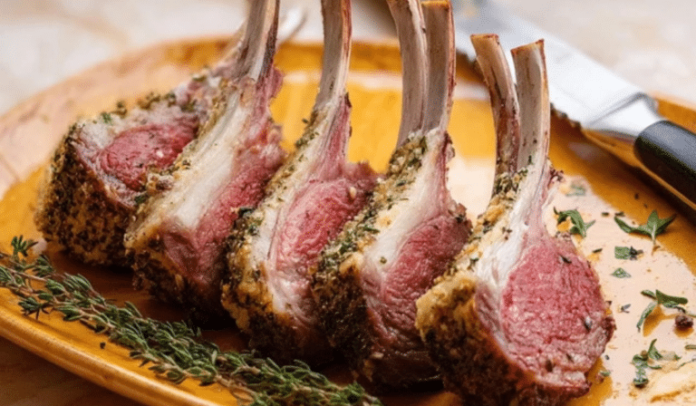 Classic Rack of Lamb sliced with Dijon herb crust on a platter