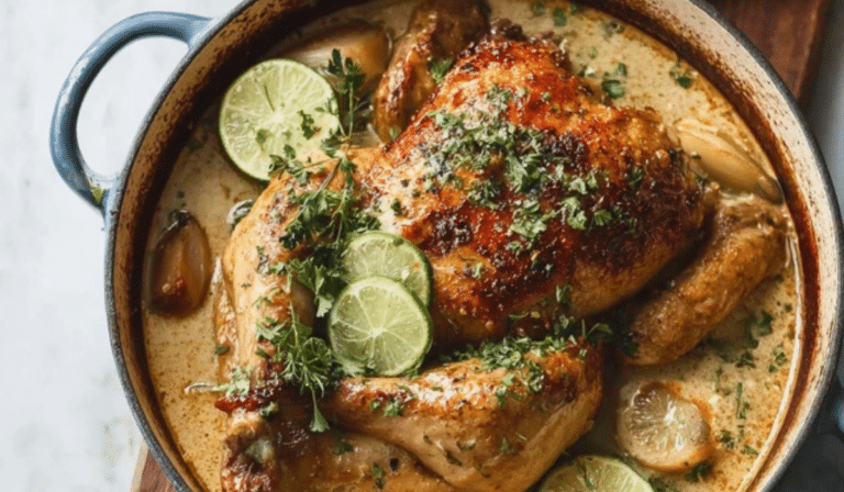 Pot Roasted Coconut Chicken in a Dutch oven with creamy coconut sauce