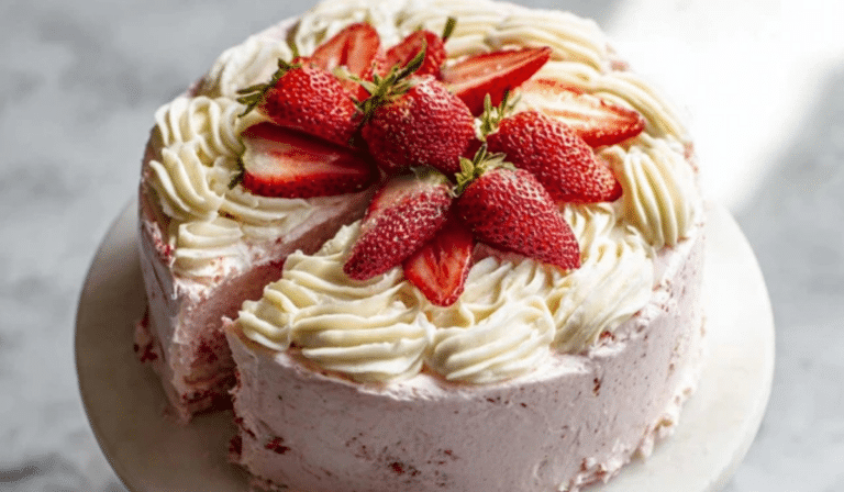 Homemade Strawberry Cake with strawberry buttercream and fresh berries