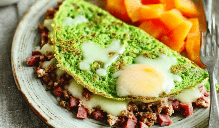 Green Eggs and Hash Omelet with corned beef hash and melted cheese