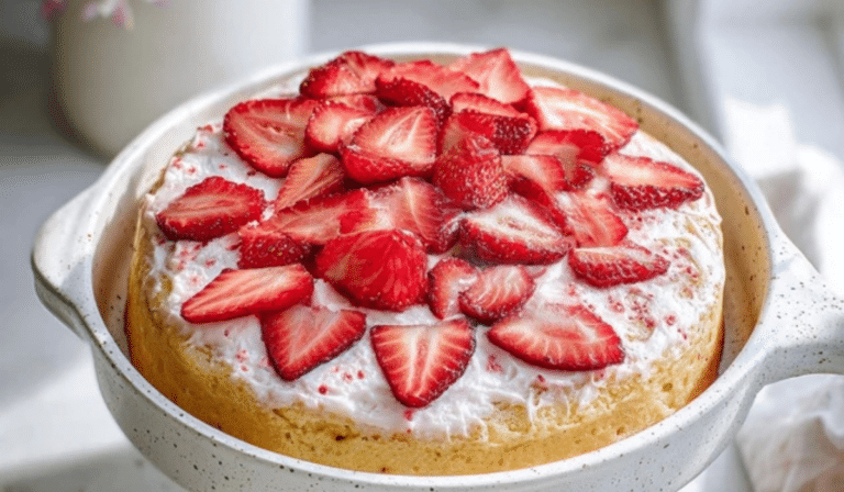 Easy Strawberry Cake on a cake stand with fresh strawberries