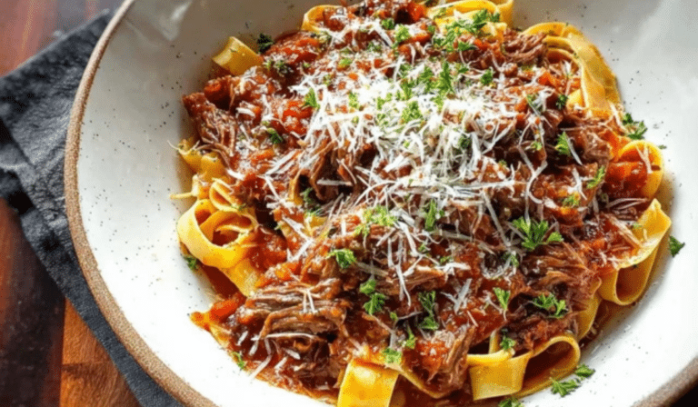 Beef cheek ragu pasta in a bowl with pappardelle and parmesan