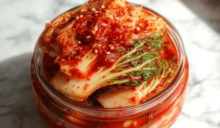Napa cabbage kimchi in a glass jar with spicy red paste and crunchy layers