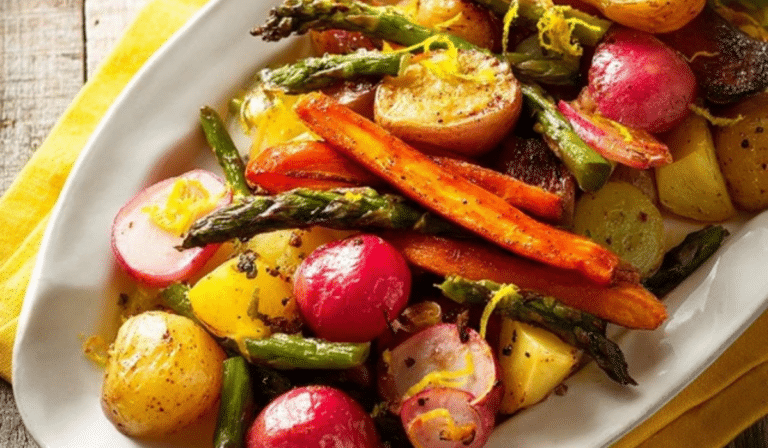 Oven-Roasted Spring Vegetable Medley on a platter with lemon and herbs