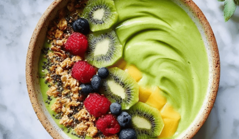 Detox Green Smoothie Bowl topped with kiwi, berries, granola, and chia seeds