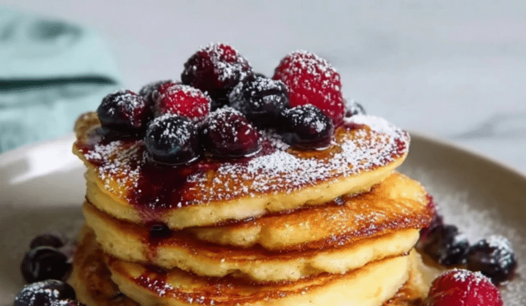Lemon ricotta pancakes stacked high with berries and powdered sugar