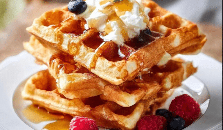 Crispy Belgian Waffles stacked with butter and maple syrup