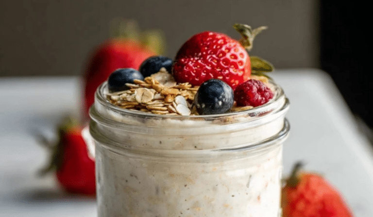 : Easy Overnight Oats with Yogurt in a jar topped with berries and granola