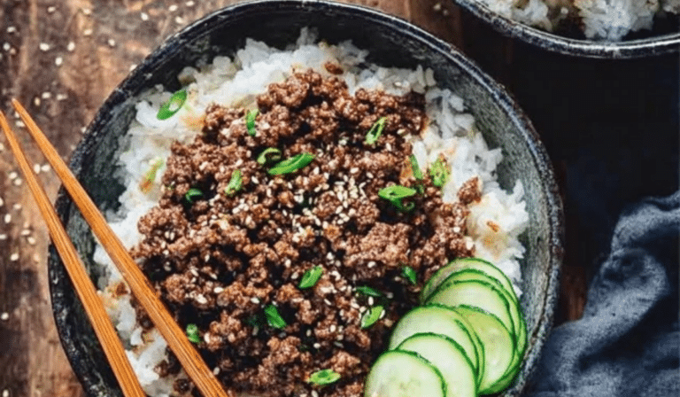 : Korean Ground Beef and Rice Bowls with sesame and scallions over rice