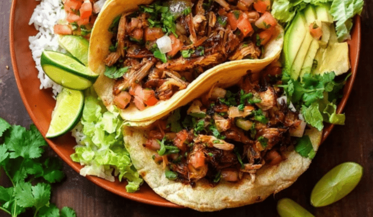 Slow cooker chicken carnitas tacos with crispy edges, lime, and cilantro