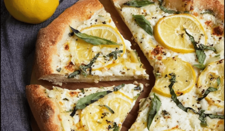 Summer Lemon Ricotta and Basil White Pizza with fresh basil and lemon