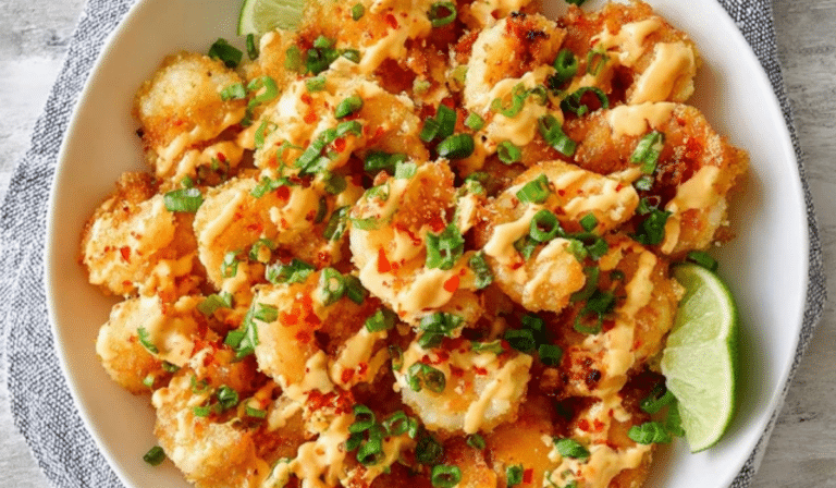 Air Fryer Bang Bang Shrimp drizzled with creamy sauce and scallions
