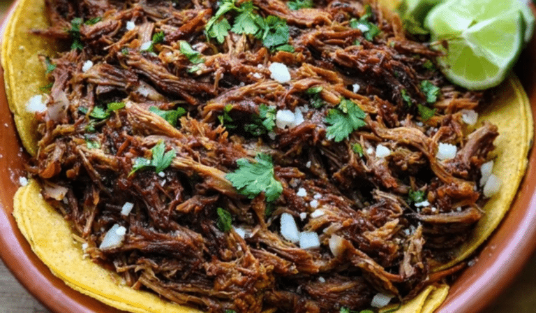 Crockpot brisket for tacos piled on tortillas with cilantro and lime