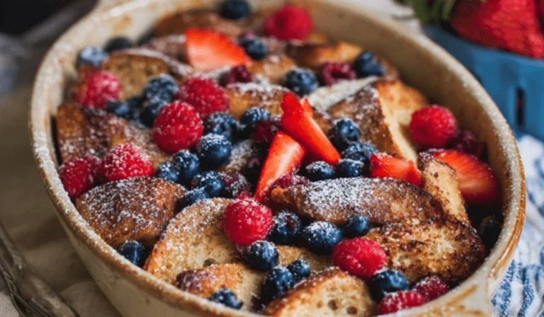 Baked Berry French Toast Recipe in a casserole dish with mixed berries