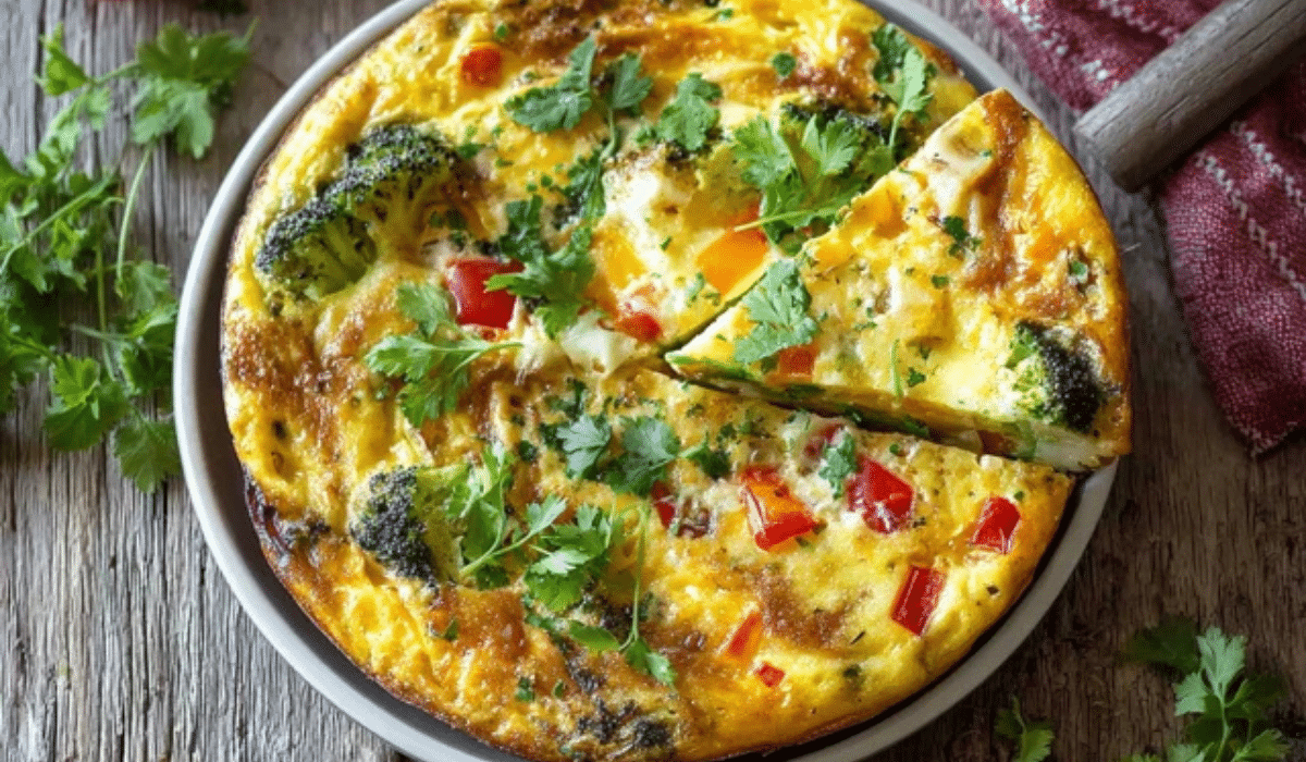 Garden Veggie Frittata sliced into golden wedges with herbs