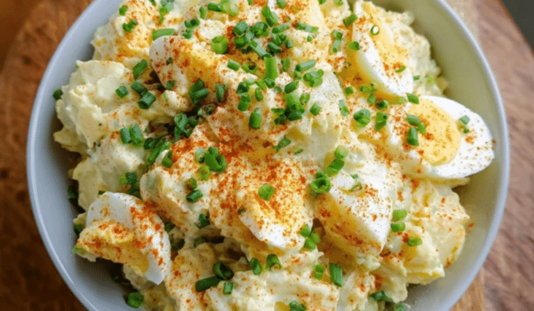 Deviled Egg Potato Salad in a bowl with paprika and chives