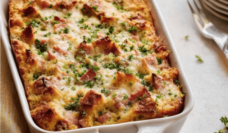 Overnight Ham & Swiss Cheese Strata with golden top in a baking dish