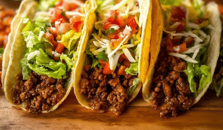 Classic Ground Beef Tacos in crispy shells with fresh toppings